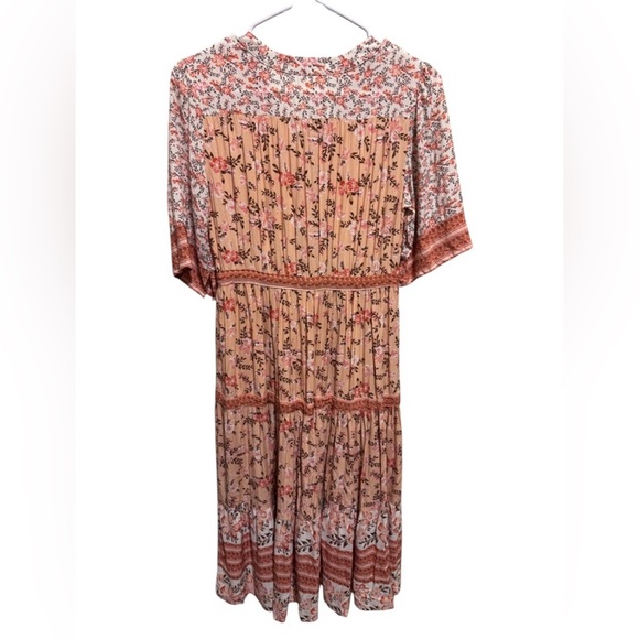 R. Vivimos Bohemian Peach Floral V-Neck Button Down Midi Summer Dress Sz S 4/6 - Picture 9 of 16